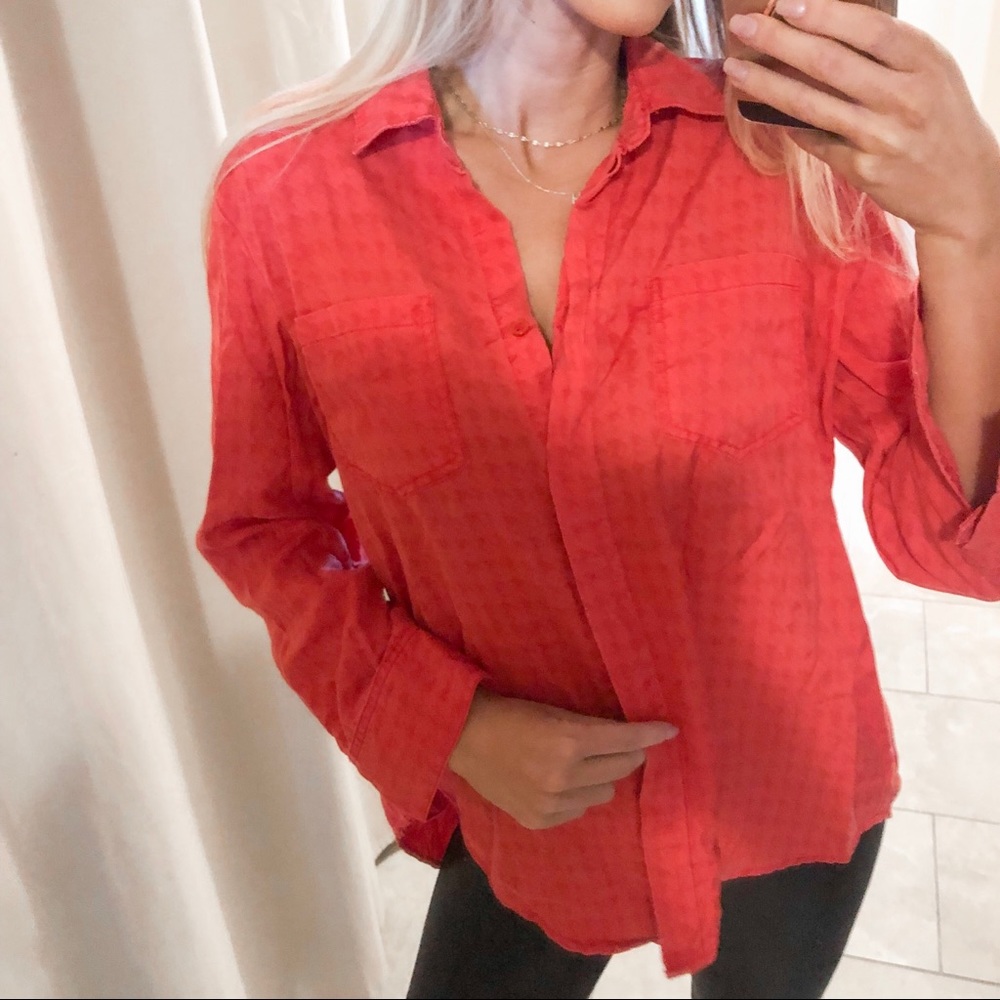 Red Button Down Collared Printed Blouse
